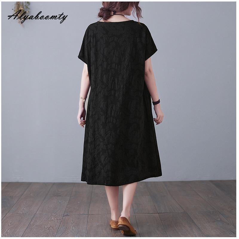 Плюс Размер Лето Женское Однотонное Платье А-силуэта Короткое Платье С О-образным Вырезом Красное Темно-синее Черное Зеленое Платье С Разрезом Жаккардовое Хлопковое Свободное Платье С Карманом