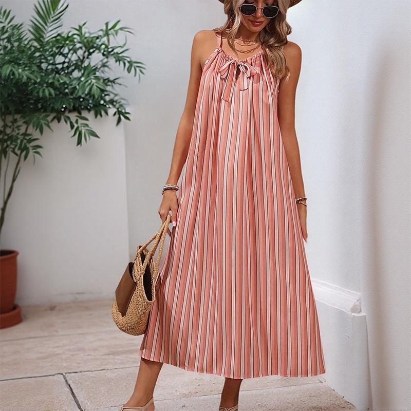 Women's Summer Halter Dress Bow Striped Loose Dress