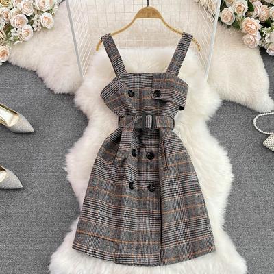 Осень-зима женское клетчатое платье на бретельках повседневное двубортное мини-короткое твидовое платье
