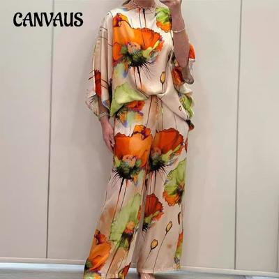 Лето Осень Элегантный Один Вырез Свободный Напечатанный Рукав Летучая Мышь Брюки Костюм