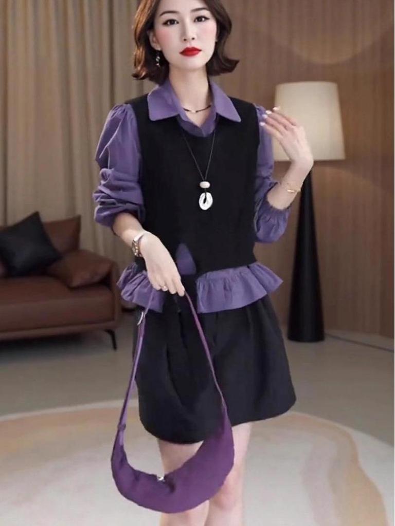 Осенний школьный стиль OOTD для женщин 2025: Двухпредметный комплект: вязаный жилет и рубашка