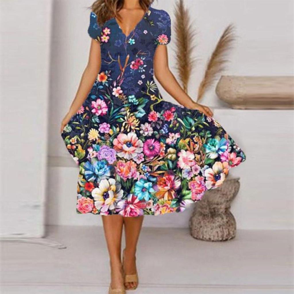 Women's Summer Casual Fashion Floral Print Short Sleeve V-Neck Swing Dress
