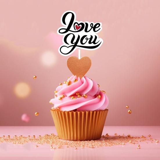 12Pcs Sweet Valentine Day Cupcake Toppers Heart Shape Letter Print Cake Topper Decoration Food Appetizer Stand