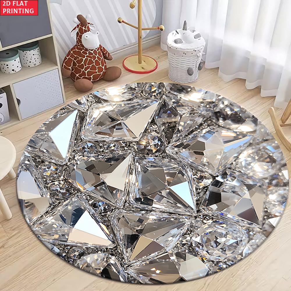 Silver Metallic Round Area Rug Diamond Glitter Circular Floor Carpet Modern Geometric Welcome Mat for Living Room Decor