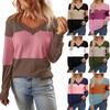 Women's Loose V-Neck Long Sleeve Colorblock T-Shirt Button Long Sleeve