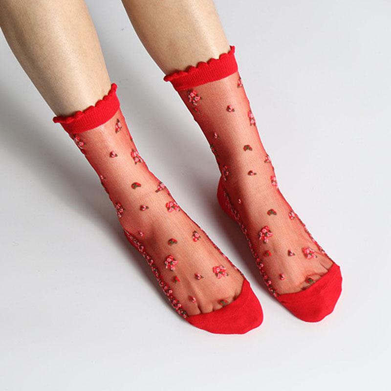 Women's Elastic Cotton Socks Transparent Floral Summer Thin Sheer Non-slip