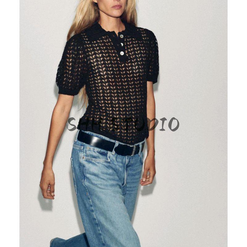 Autumn New Women's Clothing Minimalist Wave Bottom Cut Out Knitting Polo Shirt Collar Short Sleeve Tops 6236105