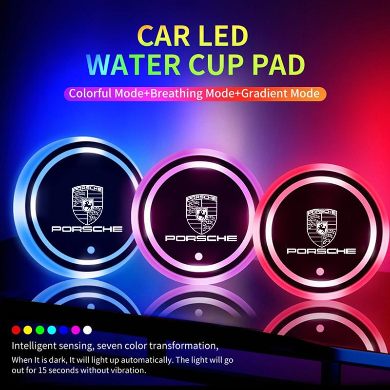 2PCS LED Atmosphere Lights Car Coaster Water Cup Pad 7 Colorfuls USB Charging For Porsche Cayenne Panamera Macan 911 718 Boxster