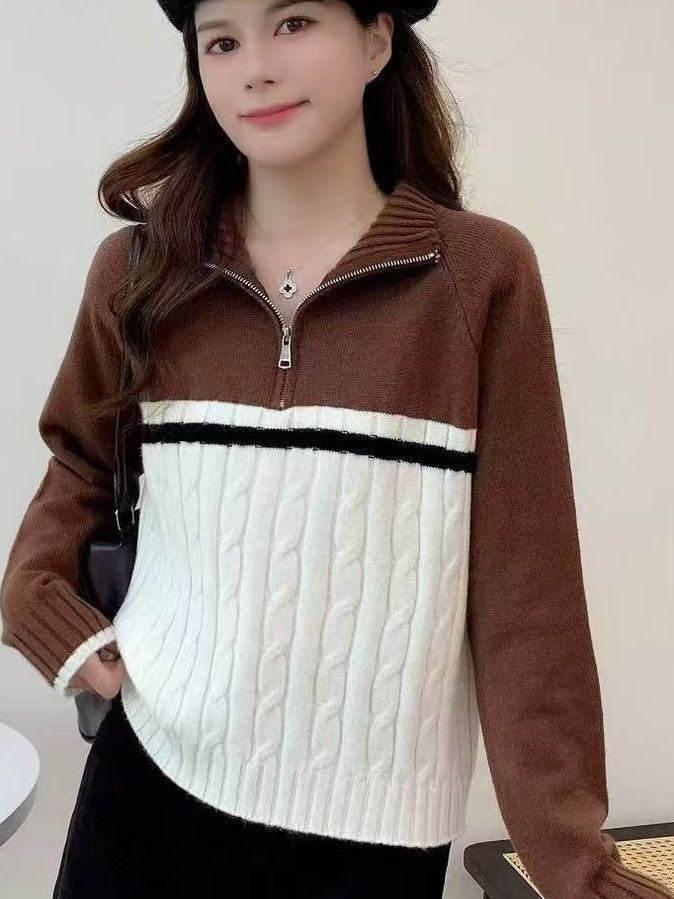 2026 Women's Half-Zip Color Block Stand Collar Slim Fit Knit Top, Loose and Flattering