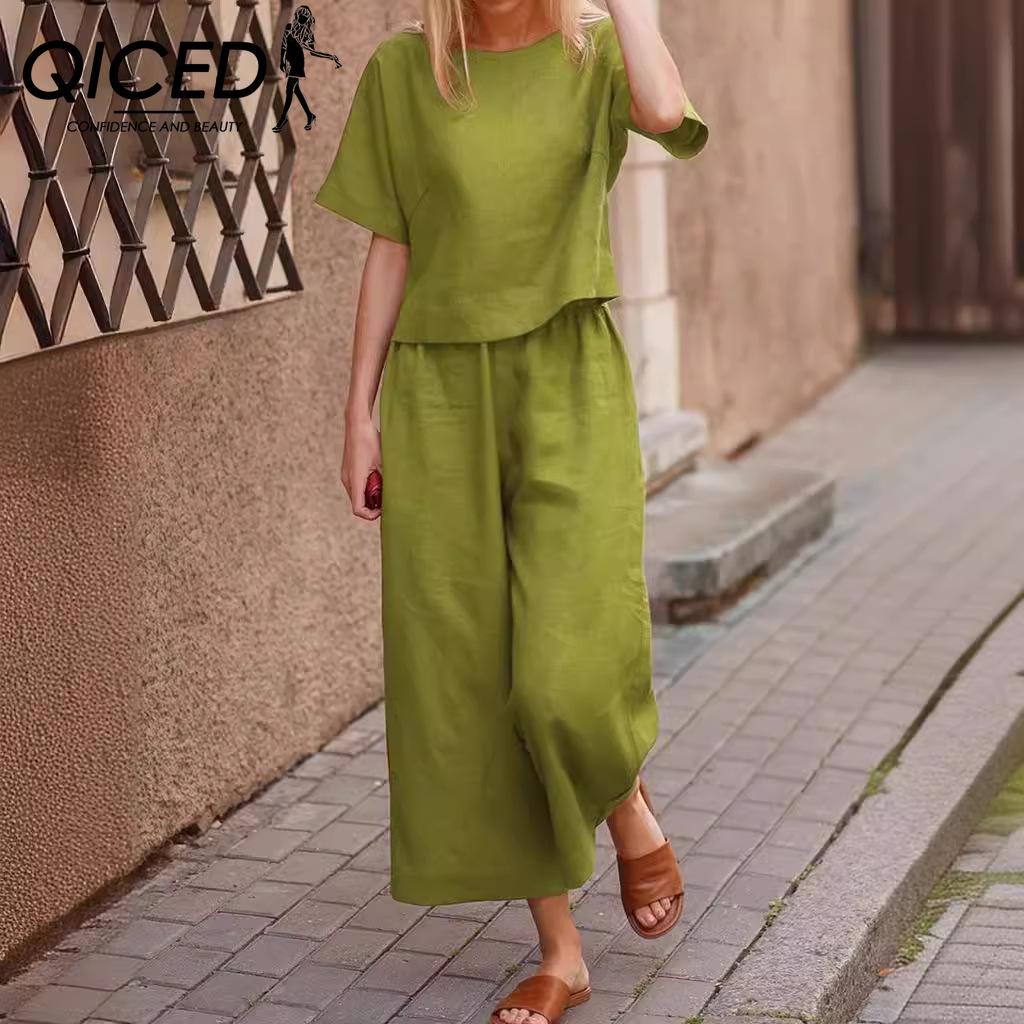 QICED Plus Size Suit Loose Solid Colour Shirt Trousers Two Piece Set