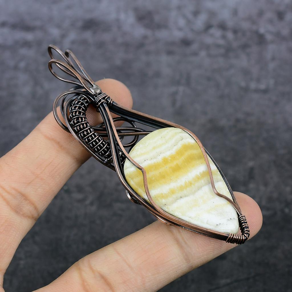 Natural Yellow Septarian Copper Wire Wrap Gift Jewelry Pendant 3.55" H1l40