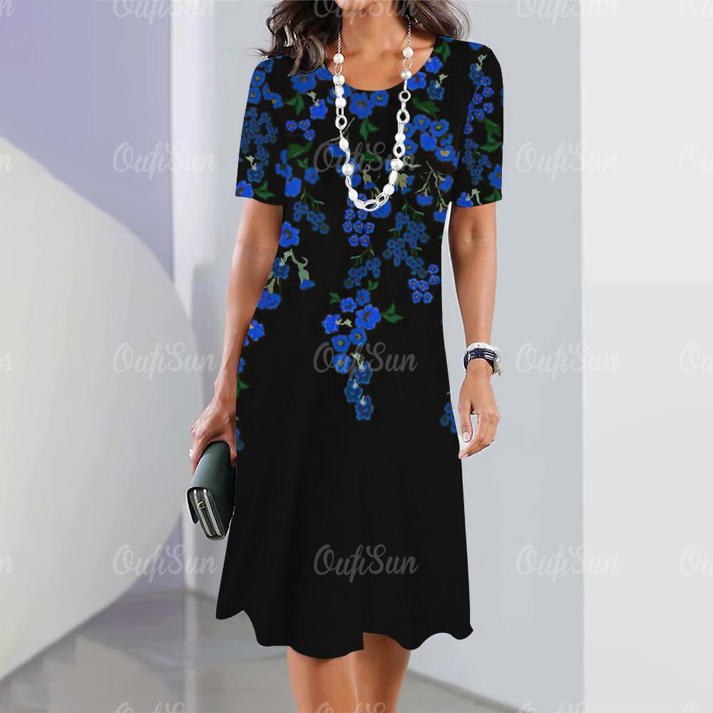 Новые женские платья, элементы 3D-цветочной печати, элегантные повседневные платья с коротким рукавом, модные женские платья больших размеров 2024 года