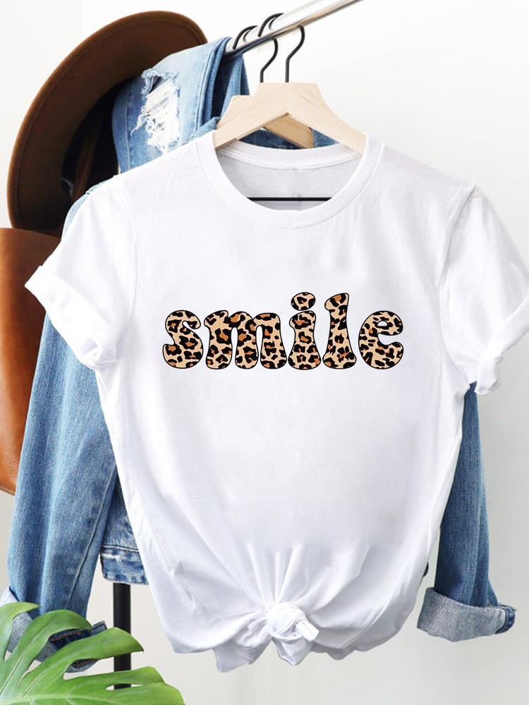 (Азиатский размер) леопардовый стиль letter Women Clothing Футболка с коротким рукавом Модная футболка Топ Женская с принтом Женские графические футболки