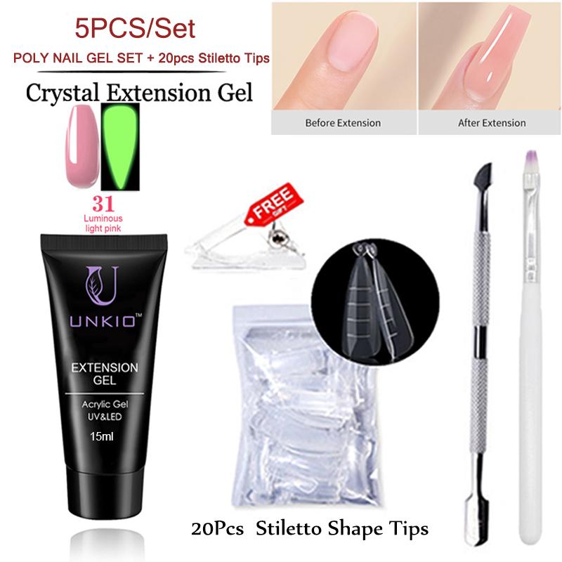 UNKIO Поли-набор для ногтей, УФ-светодиод, быстрое наращивание, наконечник-шпилька, двойной формы, наращивающий гель для ногтей, маникюрный набор, мини-набор для гель-лака