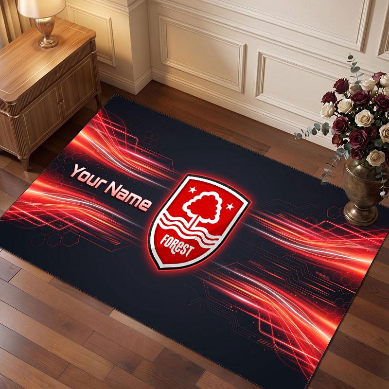 Nottingham Forest Custom Crystal Velvet Rug, Personalized Name Text Print, Football Logo Soft Non‑Slip Floor Mat Home Decor Gift