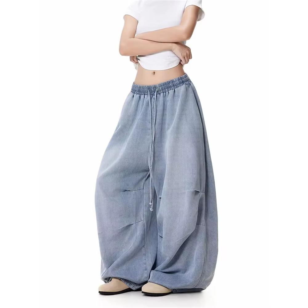 Streetwear Washed Jeans Women Loose Straight Wide Leg Cargo Trousers Parachute Style Denim Pants