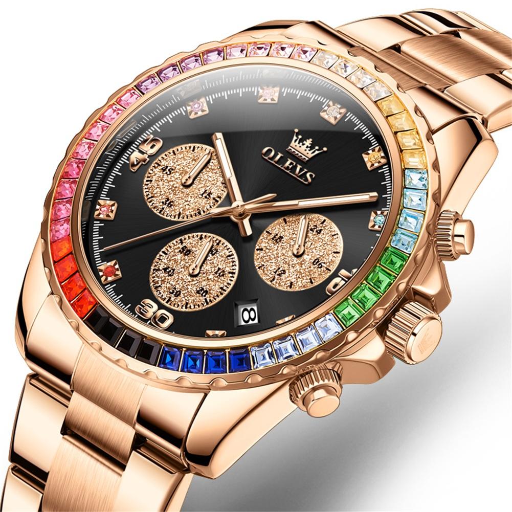 Watches For Men OLEVS Original Rainbow Gem Light Rose Gold Luxury Series Quartz Watch Waterproof Steel Strap Men's Watch New