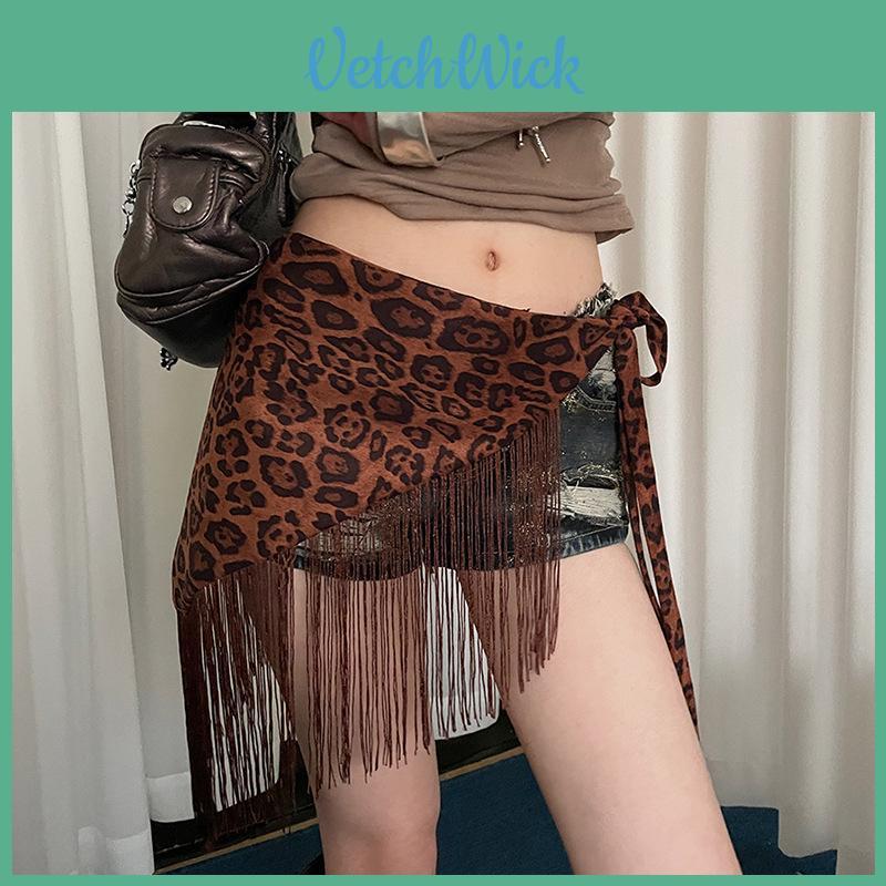 Y2k Leopard Print Tassel Gstring Panty With Wide Waist Belt For Summer Fashion