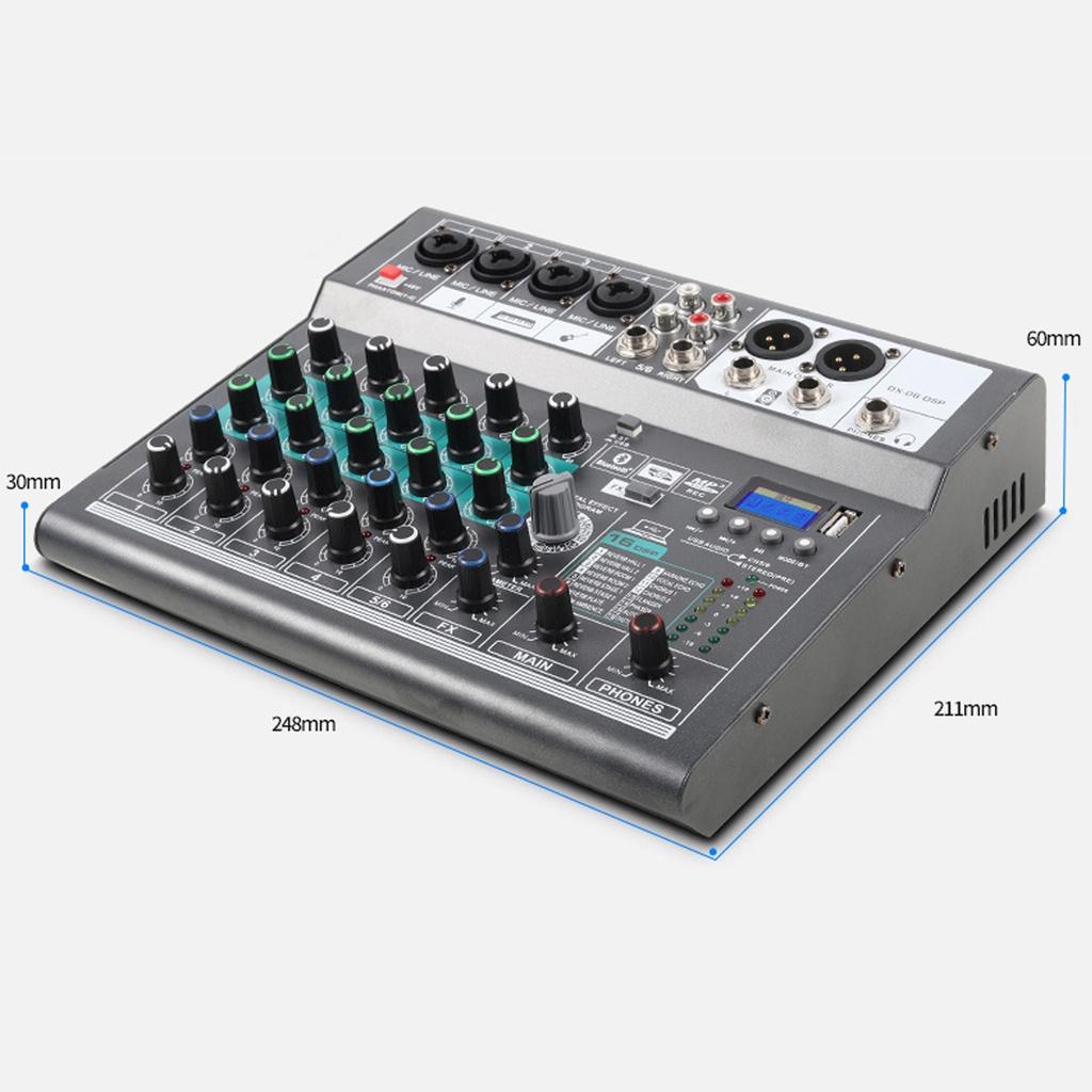 15W Professional Mixer Sound Mixing Console Computer Stage Recording USB Sound Card High Low Tone Bluetooth DJ Live Broadcast 6-channel