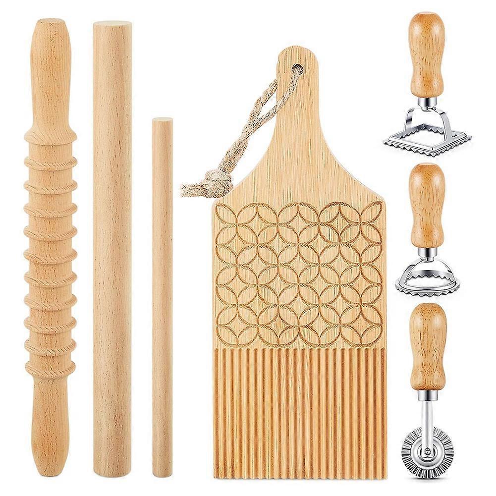 7-Piece Gnocchi Pasta Making Tools, Wooden Pasta Board with Ravioli Stamp and Rolling Pin Set, for Homemade Pasta