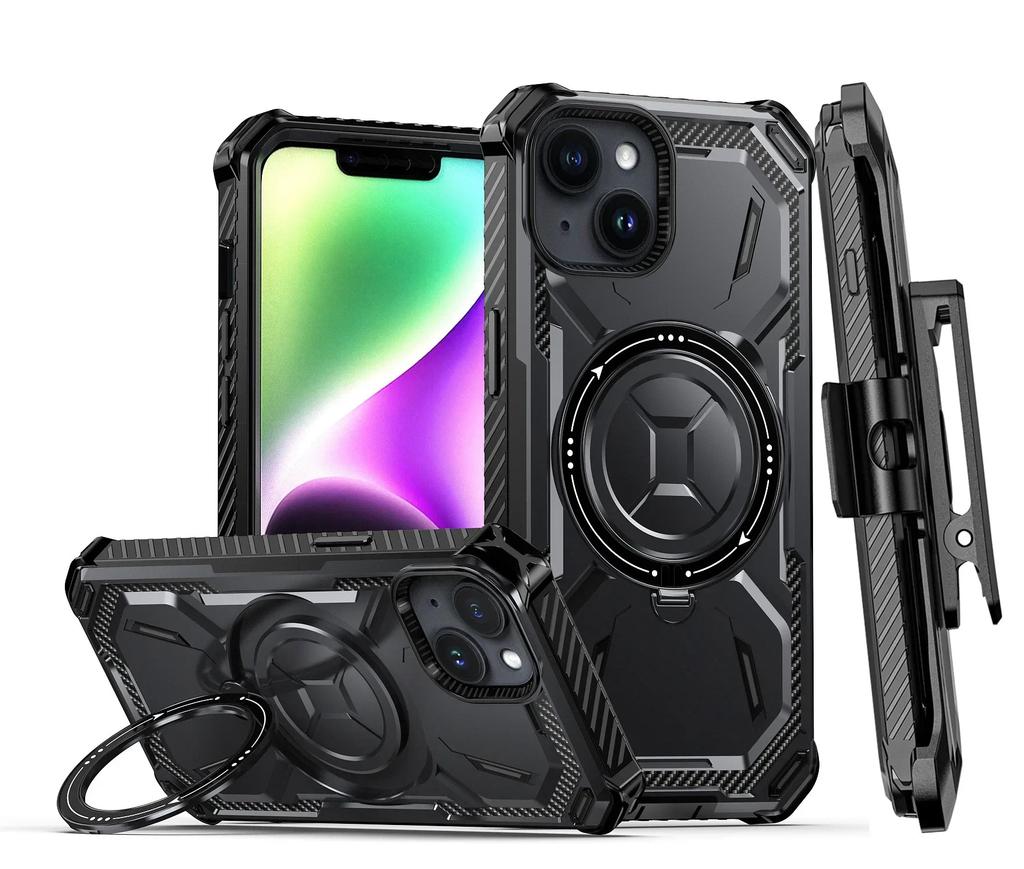 Для iPhone 16 15 14 Plus 13 12 11 Pro Max Armor Rugged For MagSafe Магнитный чехол для телефона с держателем кольца и зажимом для ремня