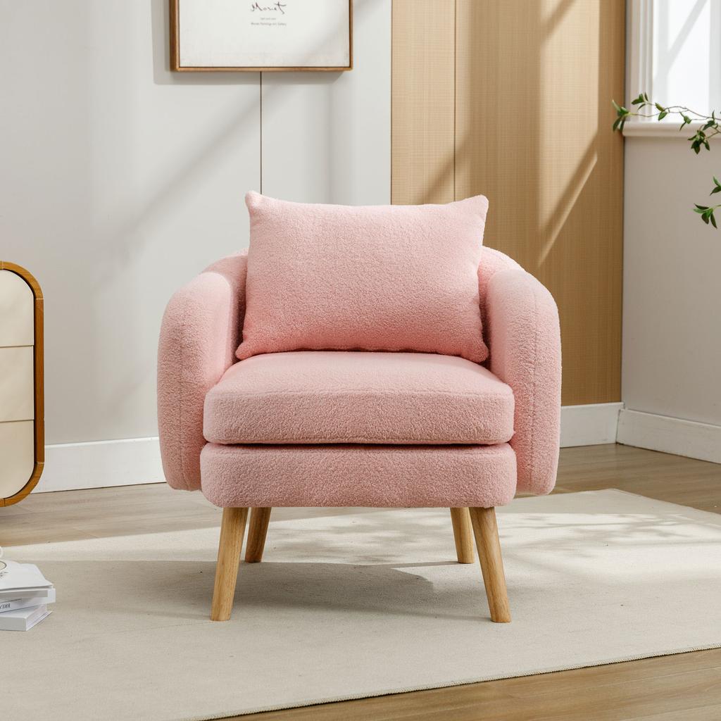 Modern, simple teddy velvet armchair with cushion, extra thick cushion, single sofa armchair, upholstered, leisure chair, solid wood leg chair