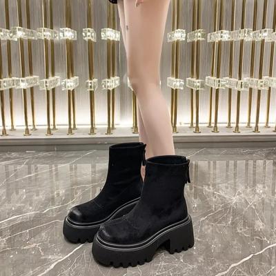 Мода 2024 года, новые осенне-зимние женские туфли из натуральной замши на толстой подошве, рыцарские сапоги с вшитой молнией, фирменная обувь