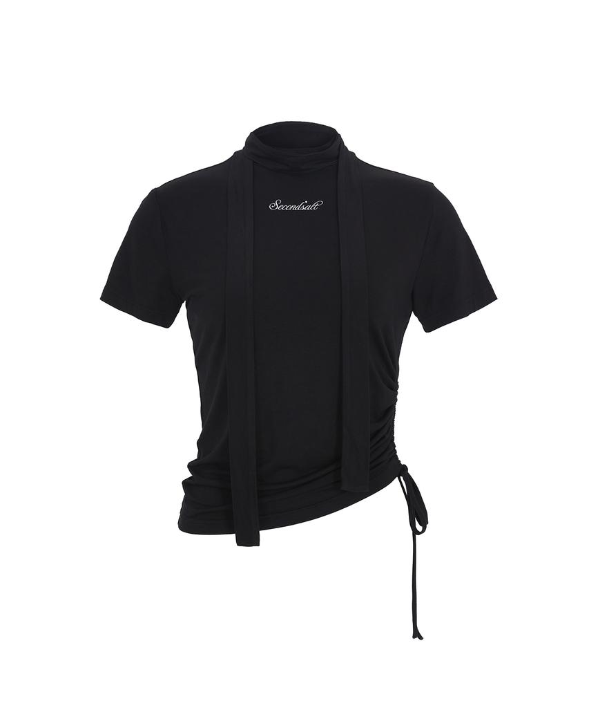 SECONDSALT Shirred Choker Half-Neck T-Shirt (Black)