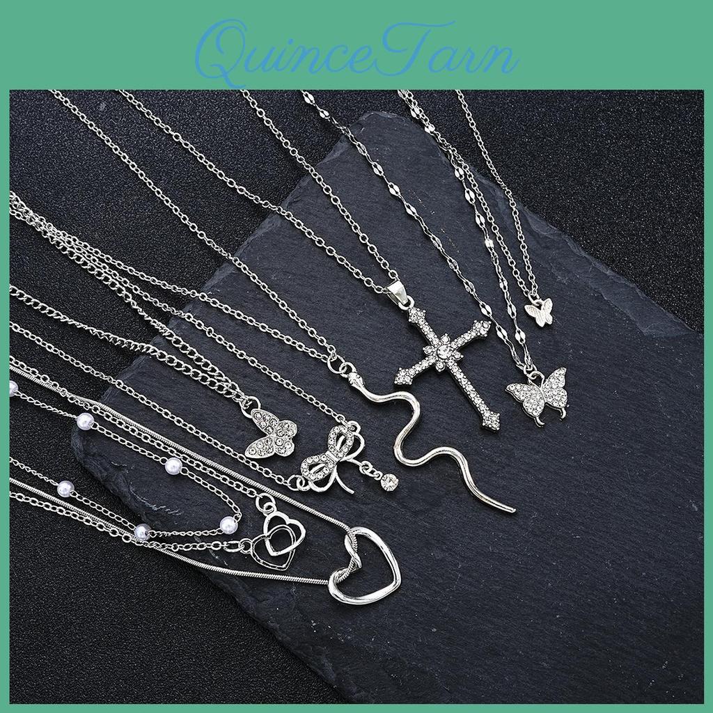 Necklace 9pcs Me If Elegant Set For Women Sparkling Rhinestones Cute Butterfly Heart Cross Bow Pendant Necklaces Party Jewelry Gifts
