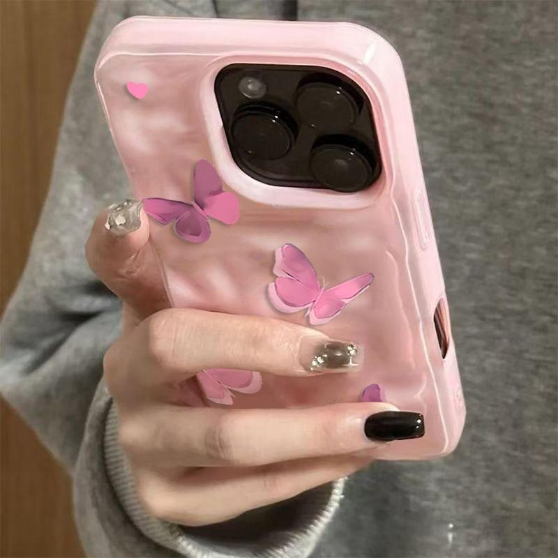 Advanced Pink Butterfly Phone Case for iPhone 17 16 15 14 13 11 12 Pro Max Plus 17 Air Folds Texture Shockproof Soft Cover