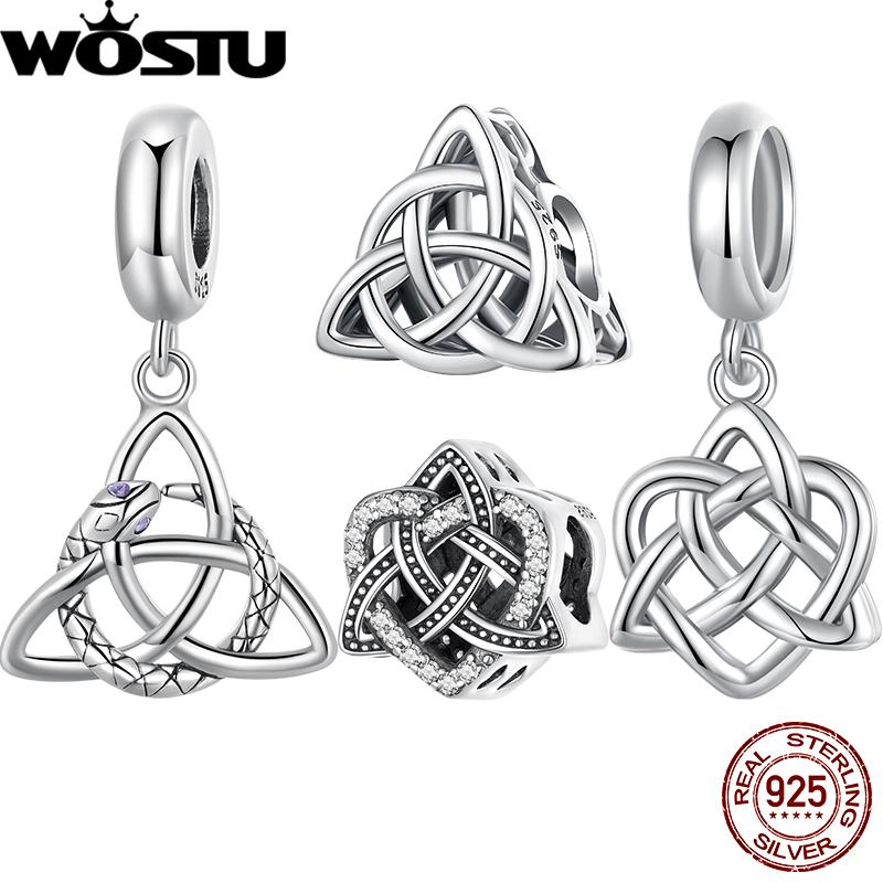WOSTU 925 Silver Hollow Celtic Knot Charms Snake Pendant Oxidized Love Beads Fit Bracelet DIY Necklace Jewelry
