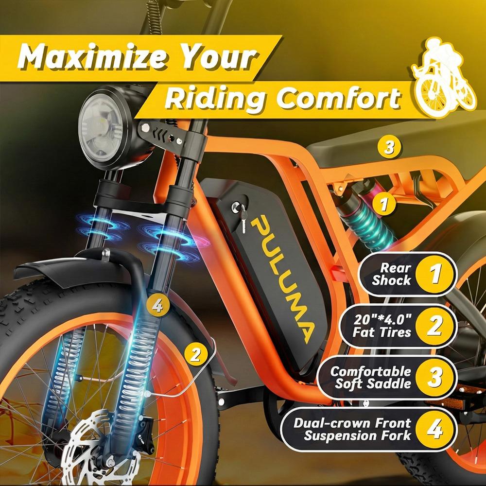 Puluma Su8 Electric Bicycle 1200W Peak Motor 20" Fat Tire Adult Electric Mountain Bike 52V 20Ah Dual Hydraulic Brake 7 Speed Max Load 150Kg