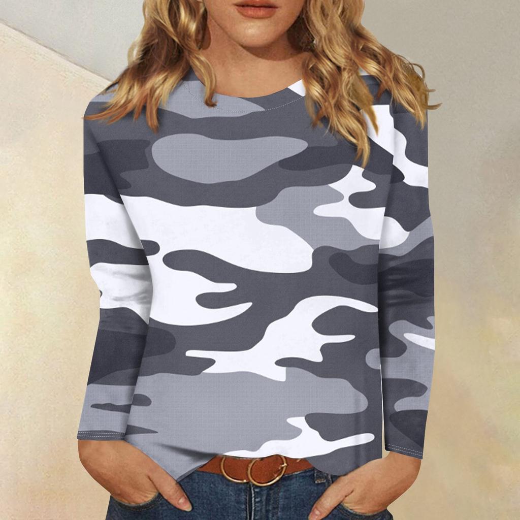 Женская модная повседневная футболка с длинным рукавом и круглым вырезом с камуфляжным принтом