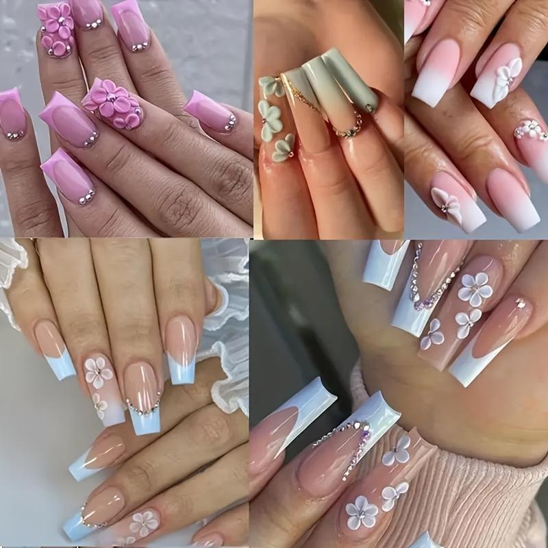 1PC 5D Floral Nail Stickers, Pink Blue Flower Butterfly Heart French Line, Spring Acrylic Decals Slider for Manicure Gift