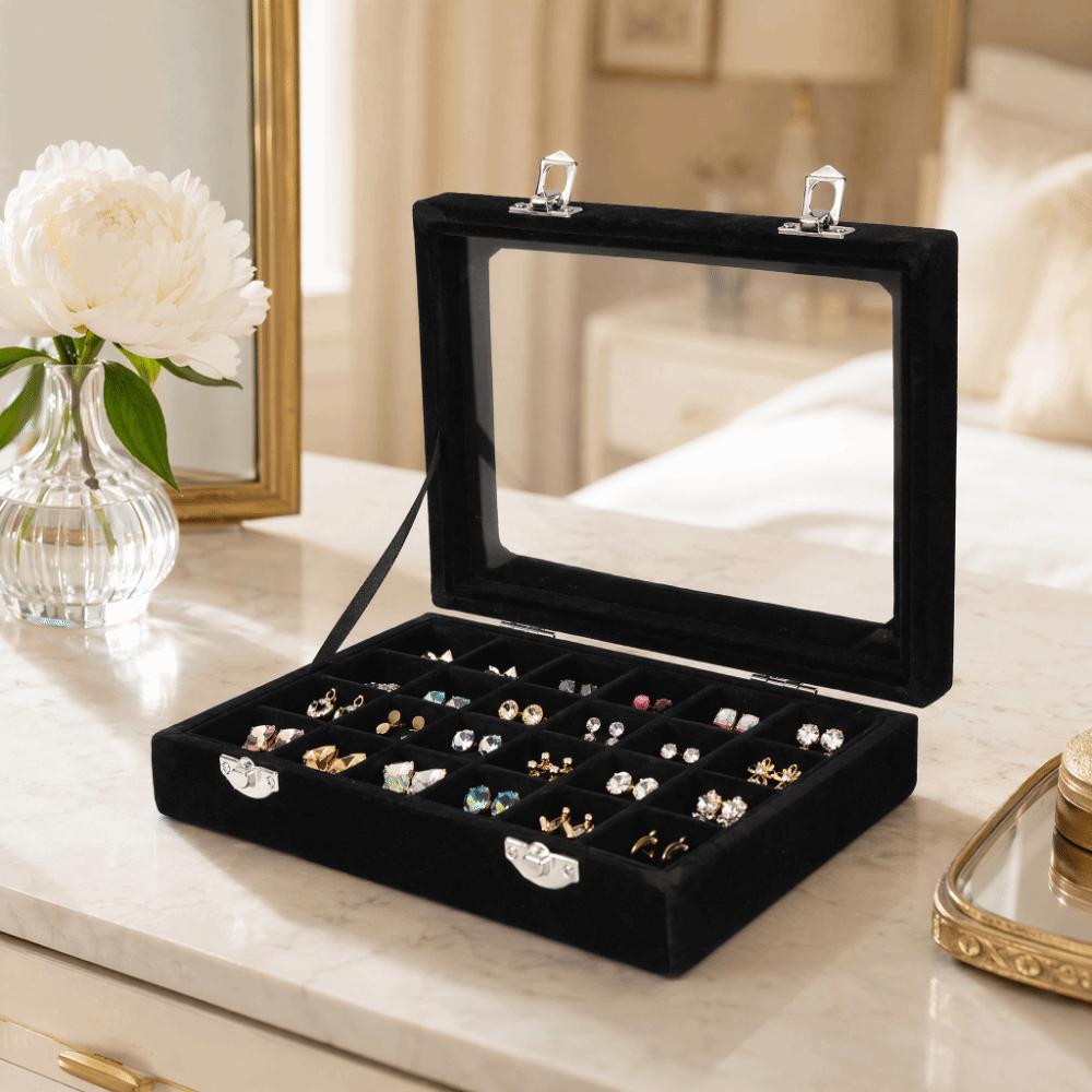 Transparent Lid Black Velvet Jewelry Display Box Home Drawer Use