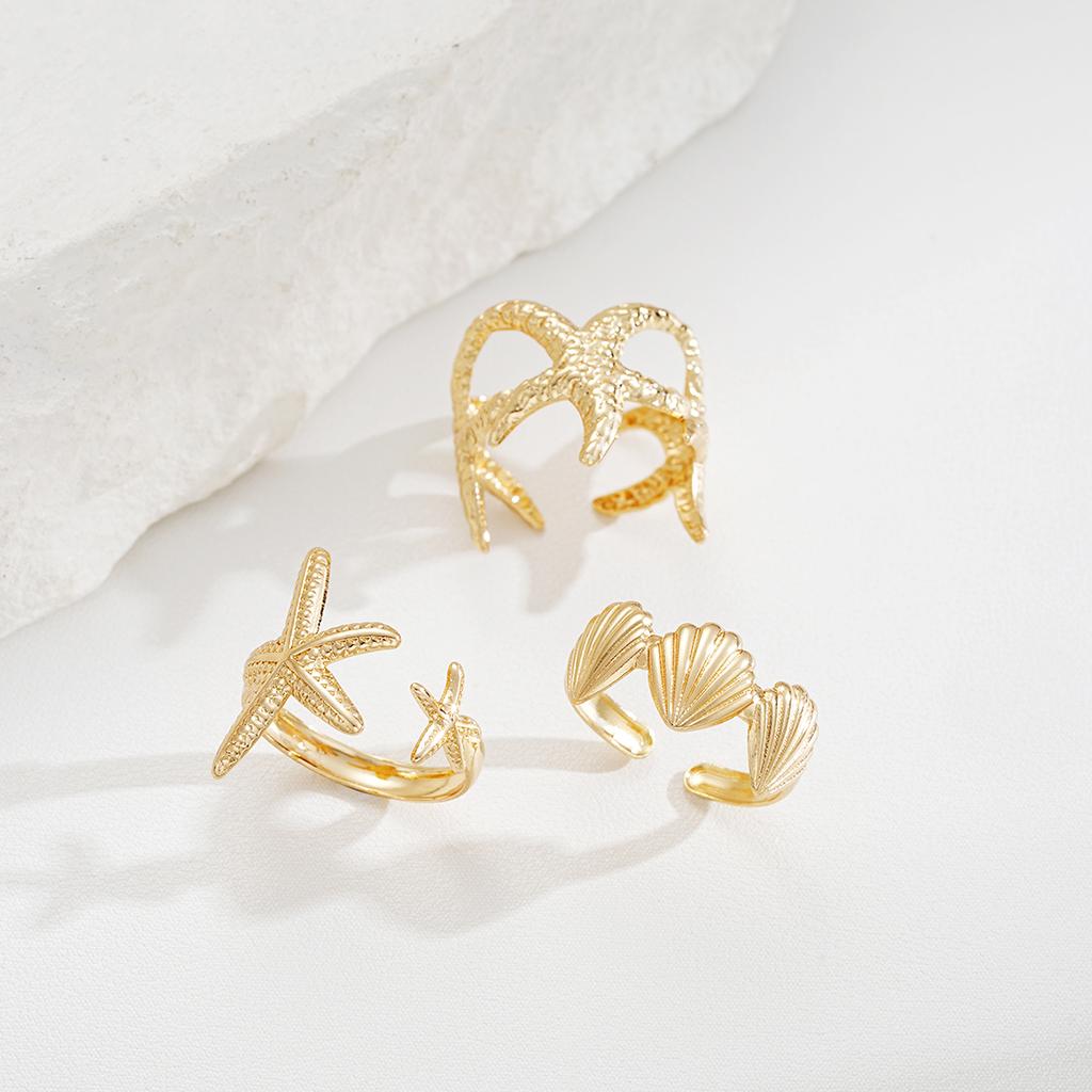 3 шт. Элегантное кольцо-стек, кольцо с открытой ракушкой морской звезды, железо, золото, вода, бриллиант, золото, повседневная одежда, аксессуары для вечеринок