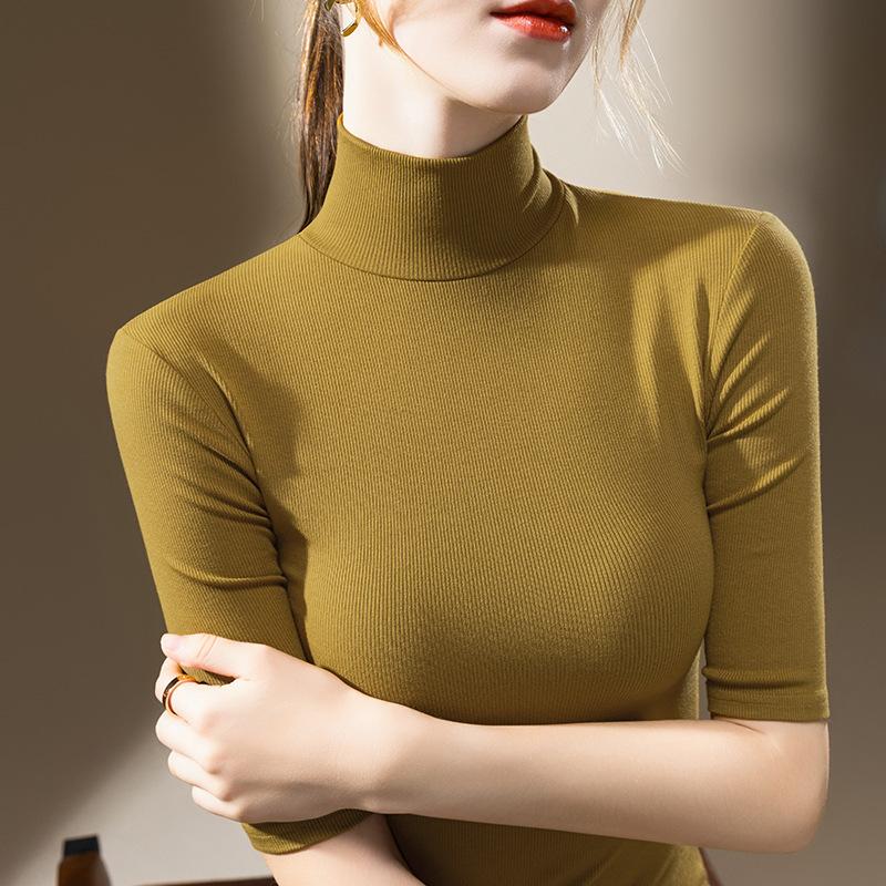 Базовая рубашка с высоким воротом для женщин, новая женская однотонная футболка со средними рукавами, облегающая эластичная рубашка