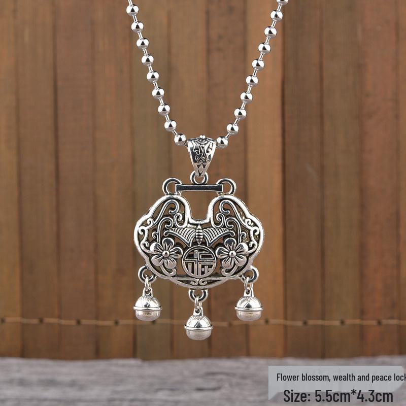 Retro Silver Peace Lock Pendant Necklace - Four-sided Wealth Women's Long Sweater Chain In National Style