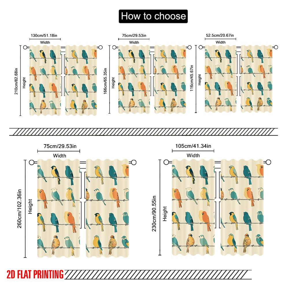 2Pcs,2D Plane Printing Curtains&Window Treatment Colorful Birds On Branches Polyester (Without Rod) Outdoor Decorations Ldeal
