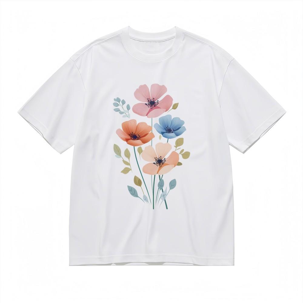 Women's Comfortable Breathable Classic T-Shirt Pink And Blue Flower Design Tee