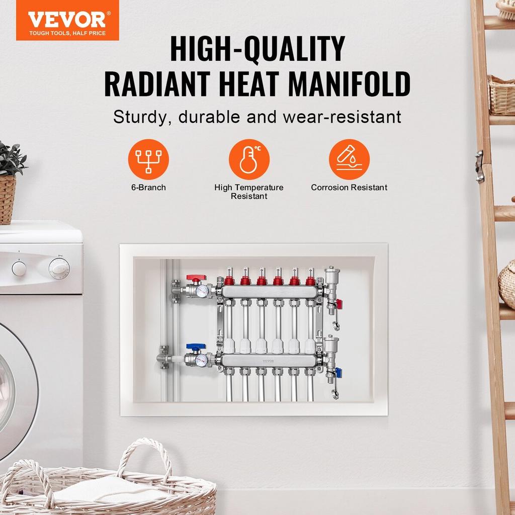6-Branch Radiant Heat Manifold 1/2" PEX Tubing Floor Heating Manifold Set