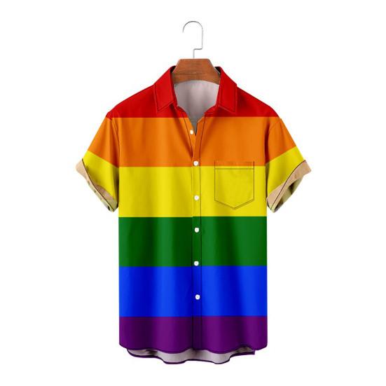 Men Summer Shirt Color Matching Bright Colors Turn-down Collar Single-breasted Short Sleeves Cooling Buttons Rainbow Color Plus Size Beach Shirt