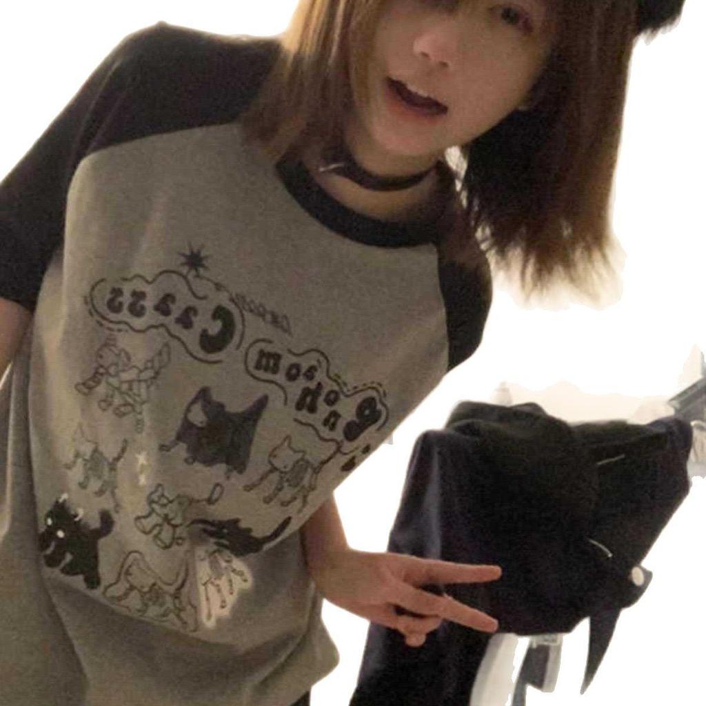 Корейская ретро мультяшная футболка с цветными блоками реглан большого размера – Женский летний свободный топ в стиле Харадзюку