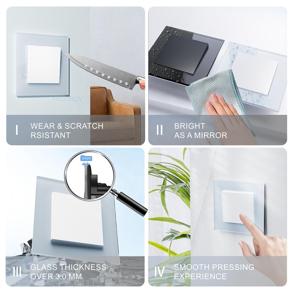 Nice Design EU Standard White Black Gold Grey Color Tempering Glass Electrical 1 Gang 1 Way 2 Way Wall Rocker Light Switches