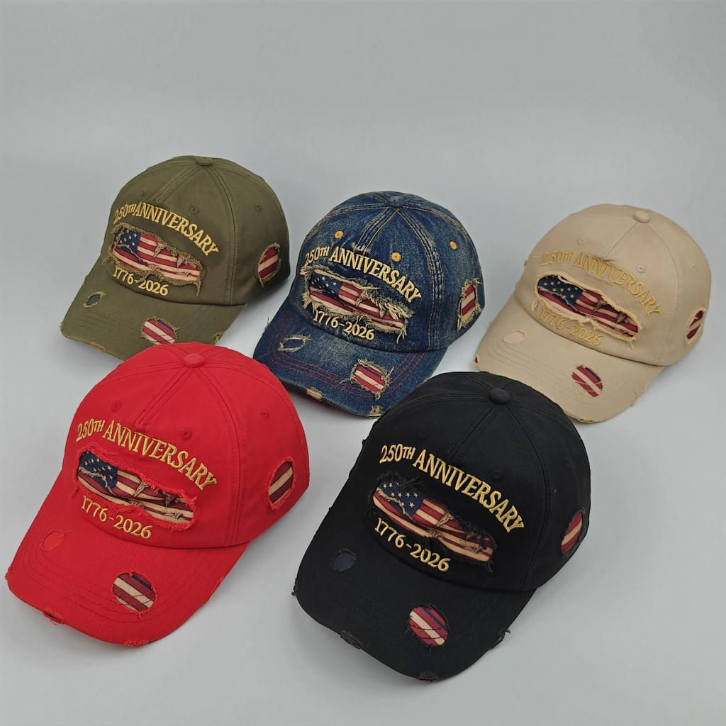 Anniversary USA Flag Distressed Baseball Cap, Vintage Washed Ripped Patriotic Dad Hat for Men Women, Retro American Flag Trucker Hat for 4th of July