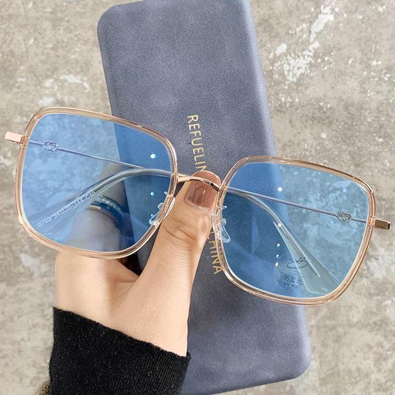 Trendy Color Changing Men Women Diopter Eyeglasses Photochromic Near Sight Glasses Sky Blue Big Frame Anti-blue Myopia Glasses