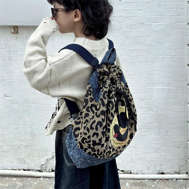 Cartoon Cute Little Mouse Boys And Girls Backpack Fashion Denim Leopard Print Backpack Large Capacity Children'S Bag