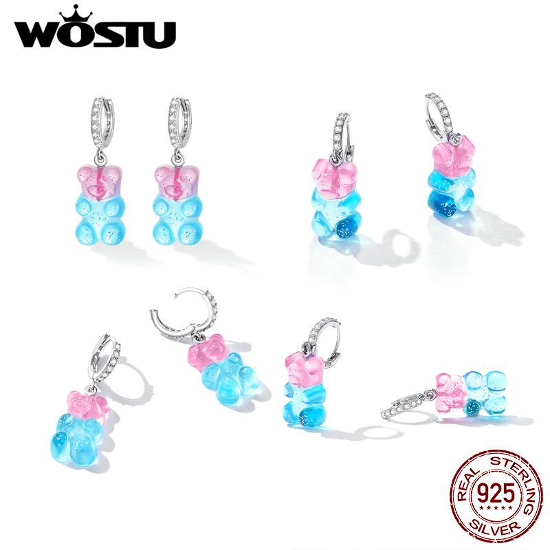 WOSTU Серьги-гвоздики из серебра 925 пробы в виде милого конфетного мишки, розово-голубые, для женщин, модные, для вечеринки, подарок, CQE1388