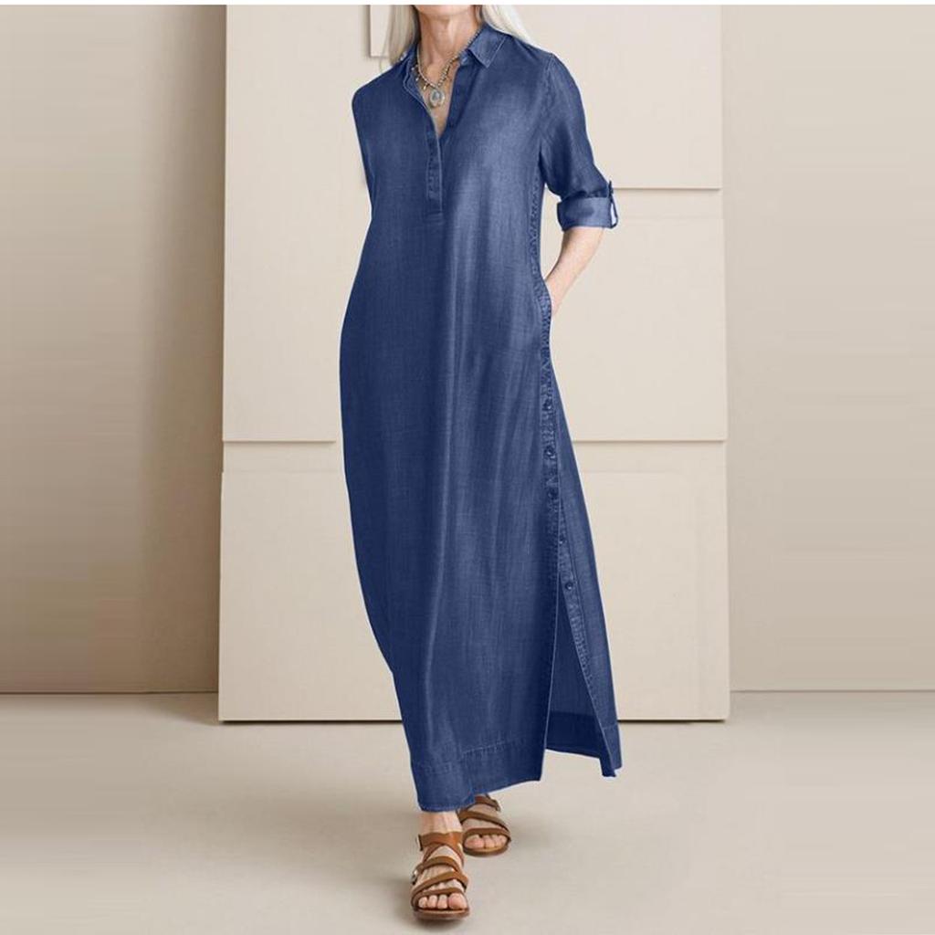 Women's Fashion Denim Dress New Shirt Collar Denim Button Long Skirt