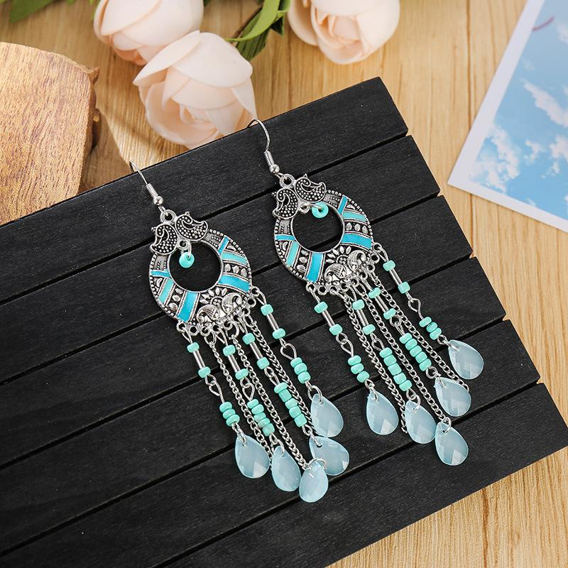Fashion Boho Beads Chain Tassel Drop Dangle Long Earrings For Women Handmade Geometric Enamel Bohemian Vintage Earrings Jewelry